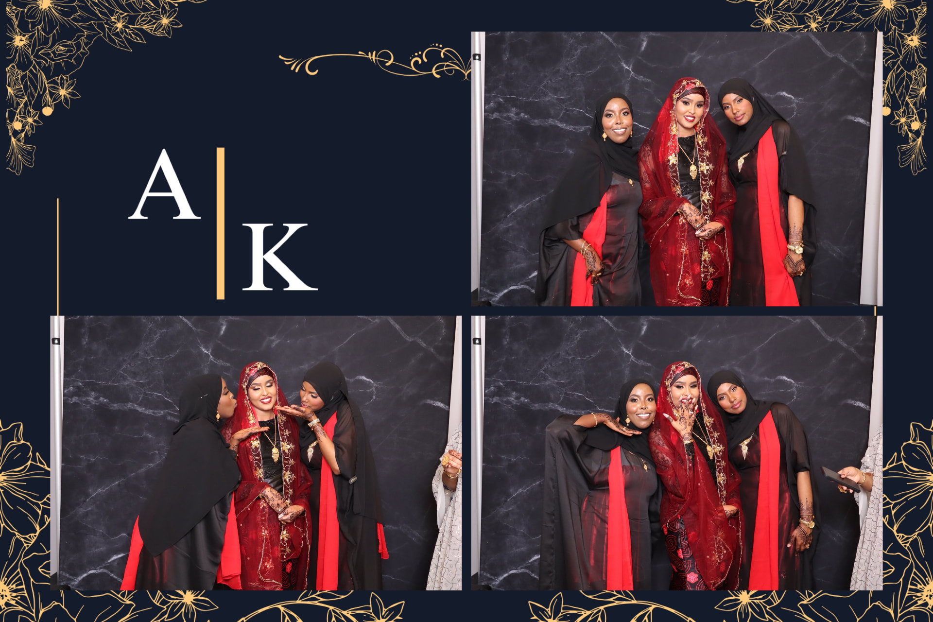 Navy and gold photo booth print of the bride and guests at Abdiladif and Kifah's wedding