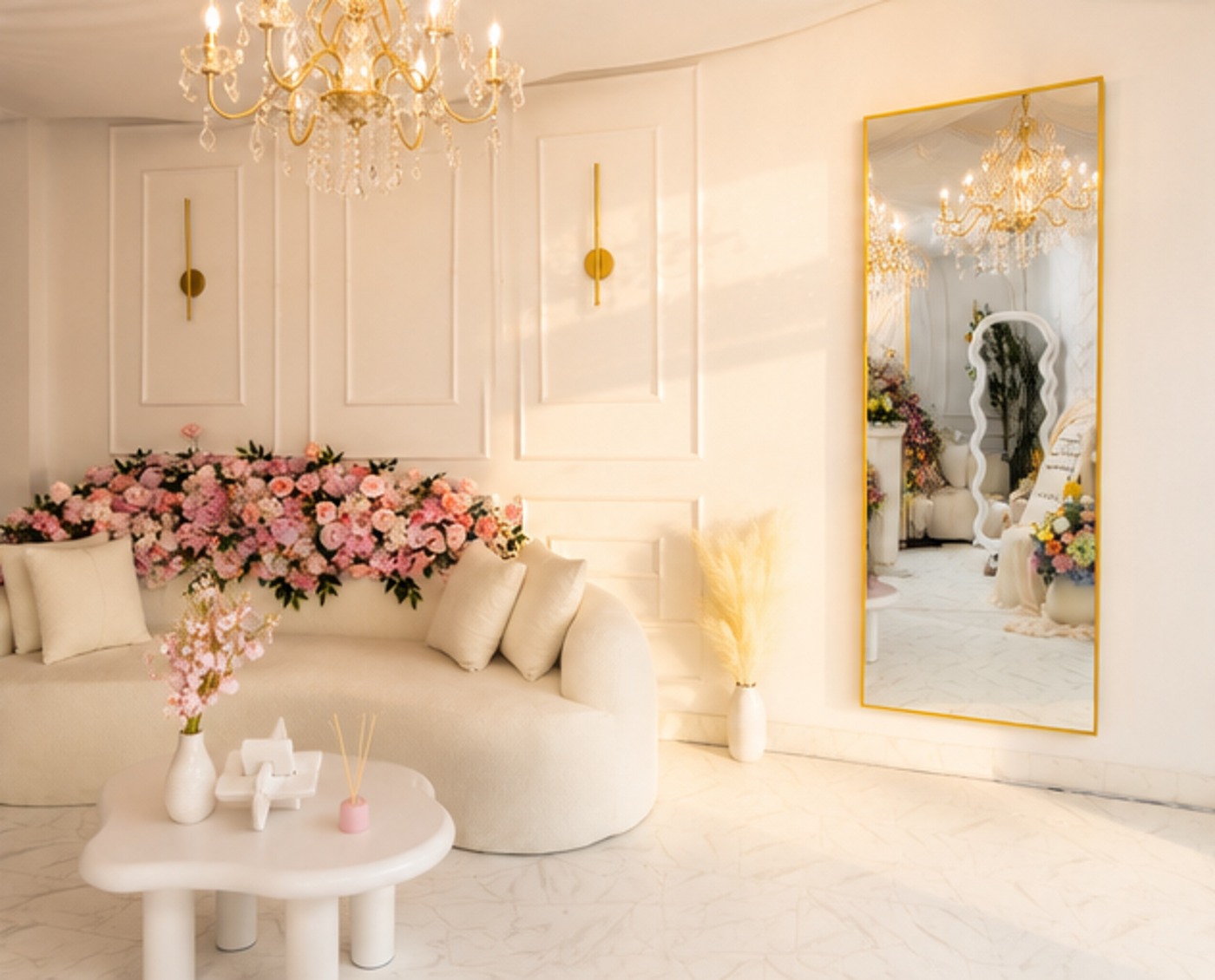 Xirfad Studio interior with crystal chandelier, floral backdrop, cream sofa, and gold-framed mirror