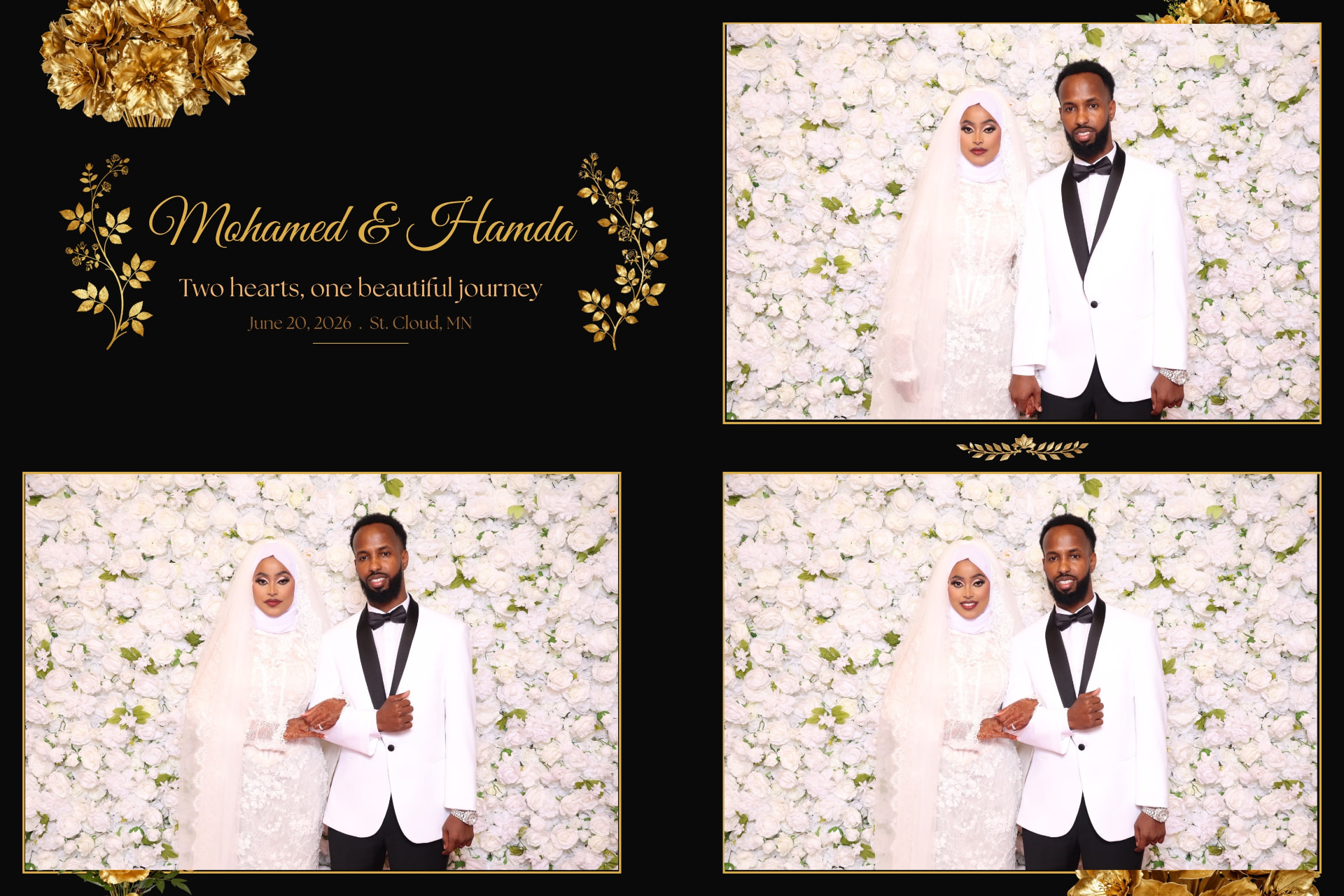 Photo booth print of Mohamed and Hamda in white attire before a white flower wall