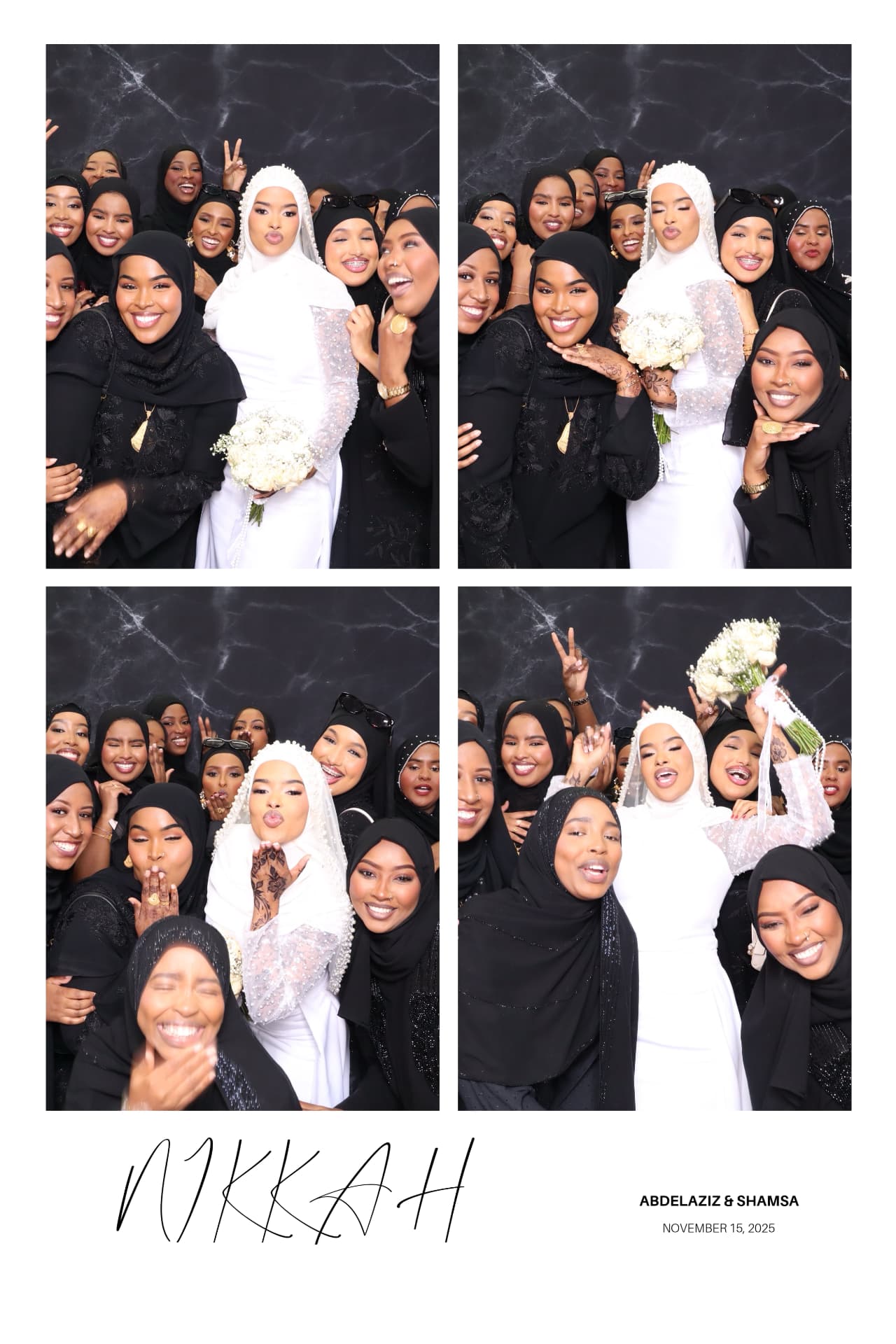 Nikkah photo booth print of the bride surrounded by guests on a black marble backdrop
